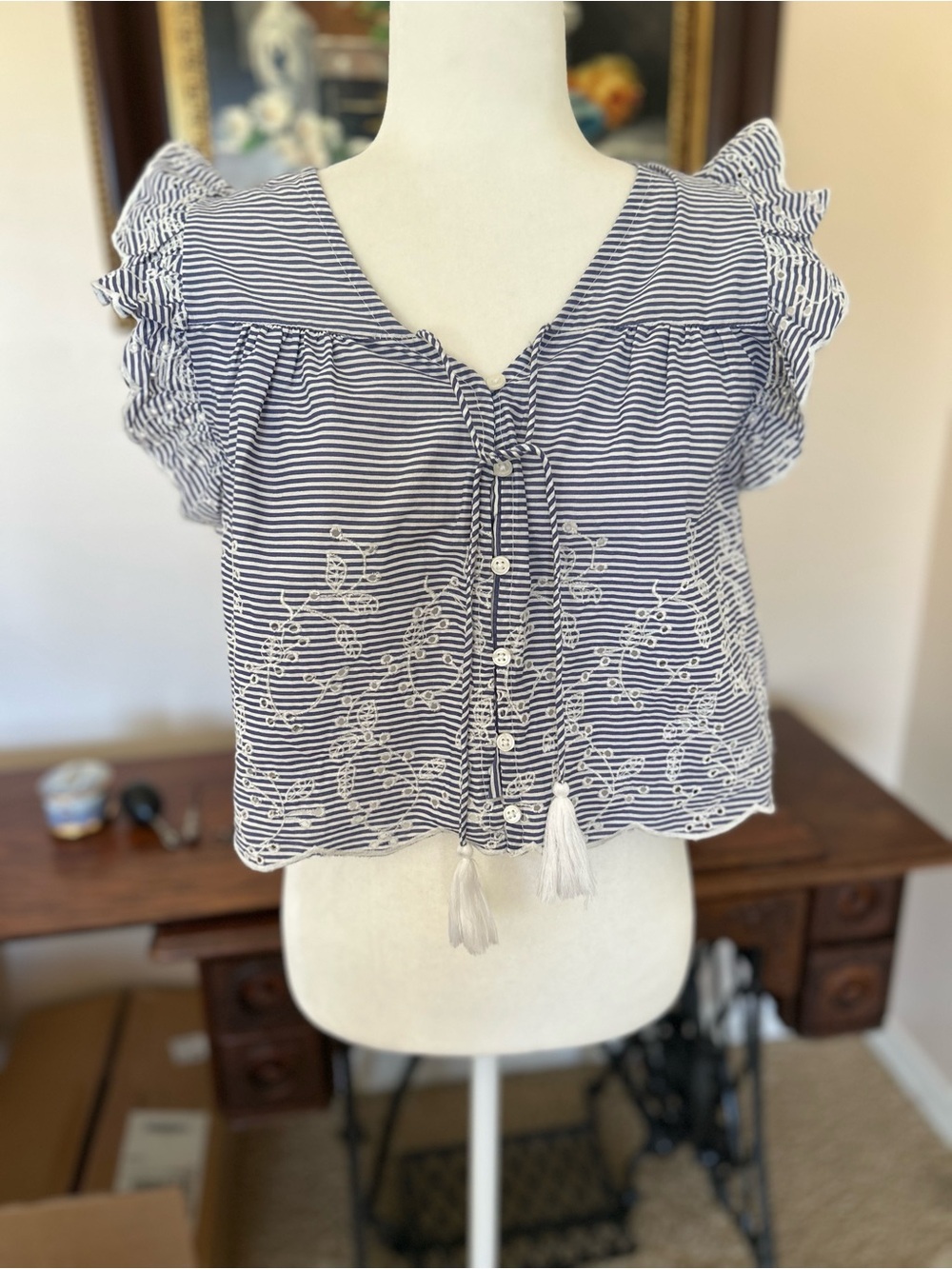 Striped Navy and White Ruffle Sleeve Button-Front Crop Top
